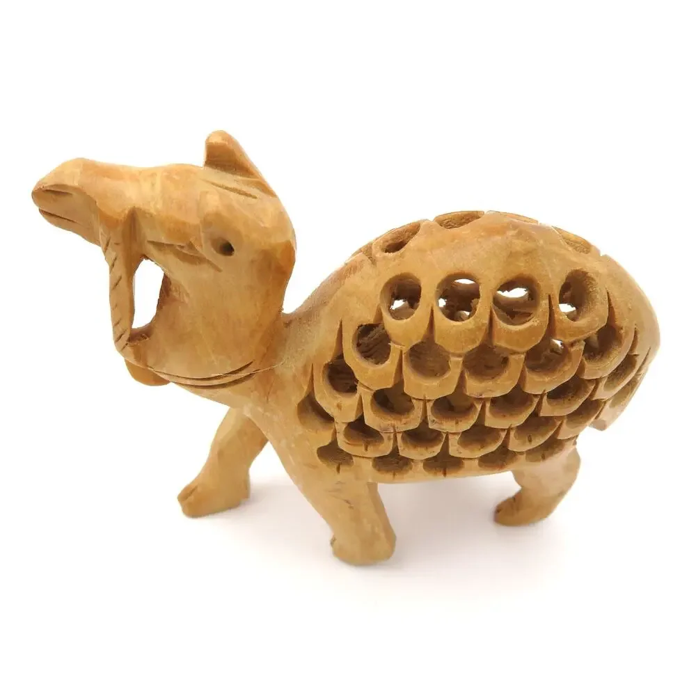 Vintage Hand Carved Wood Camel Figurine w Baby Camel Inside Pierced Carving
